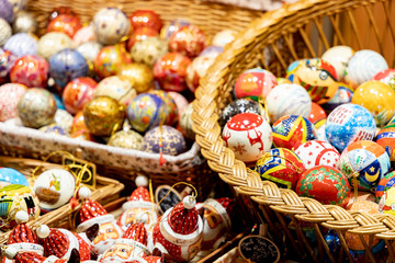 Christmas market fair kiosk with handcrafted  christmas decorations.