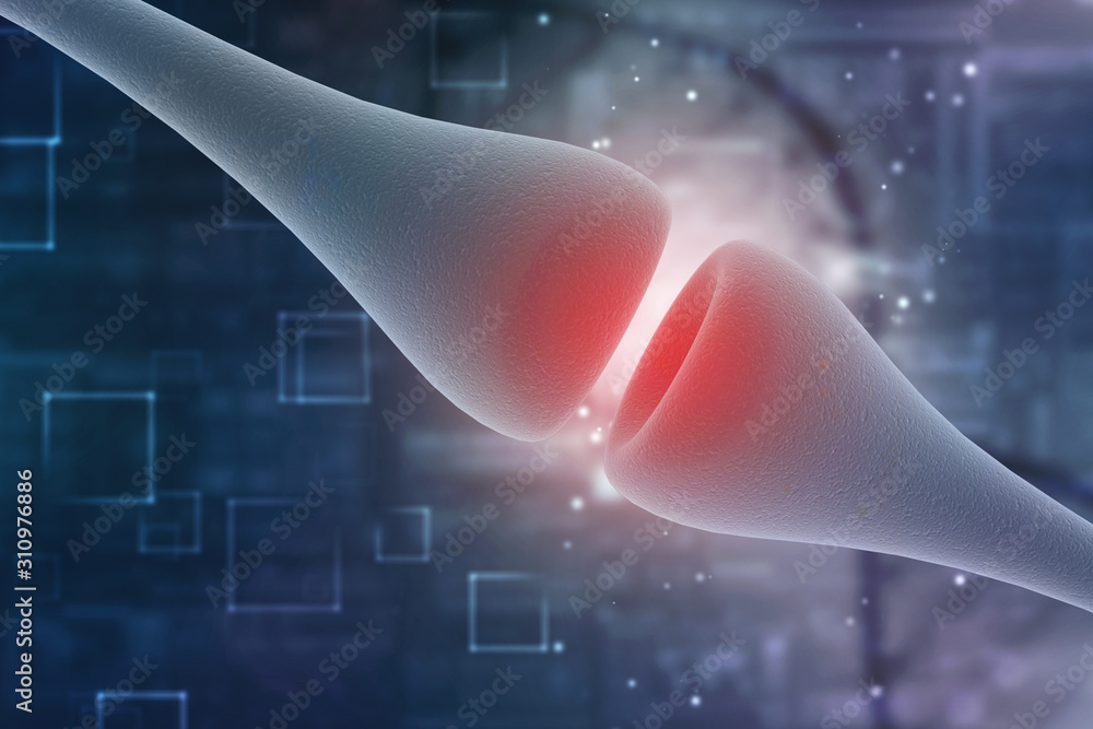 Poster synapse and neuron cells sending electrical chemical signals. 3d rendering
