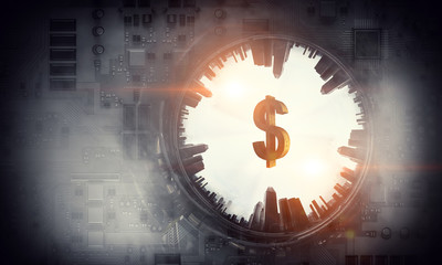 Circled cityscape and dollar symbol