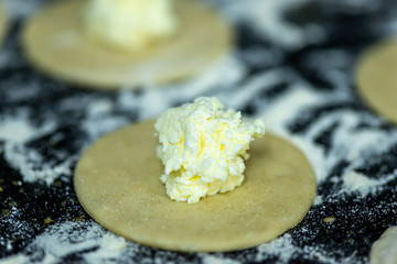 Raw dumplings or vareniks, traditional Russian and Ukrainian food,