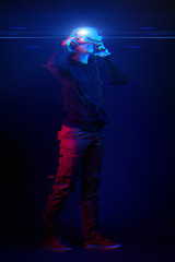 Man with virtual reality headset. Image with glitch effect