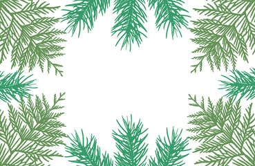 Frame of branches of fir trees and thuja, silhouettes. Applied clipping mask. Vector illustration.