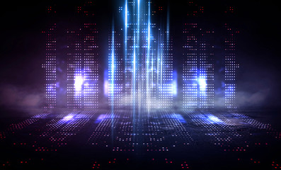 Empty background scene. Dark street reflection on the wet pavement. Rays neon light in the dark, neon figures, smoke. Night view of the street, the city. Abstract dark background. Abstract spotlight. 