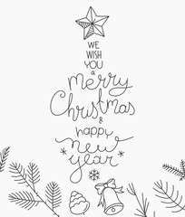 Hand drawn Christmas greeting card. Abstract Christmas tree of doodling elements