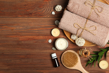 Beautiful spa composition on a table top view with place for text.