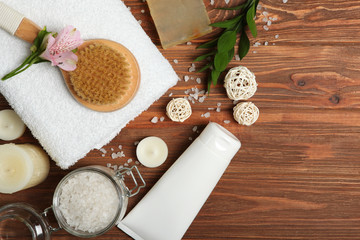 Beautiful spa composition on a table top view with place for text.
