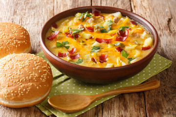 Serving of cheeseburger soup with vegetables, ground beef, bacon and cheese close-up in a bowl. horizontal