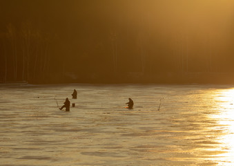 Fishermen fish on ice at dawn