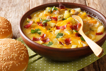 Spicy American cheeseburger soup close-up in a bowl on the table. horizontal