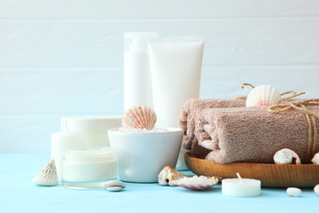 spa composition in a marine style on the table with meta for text.