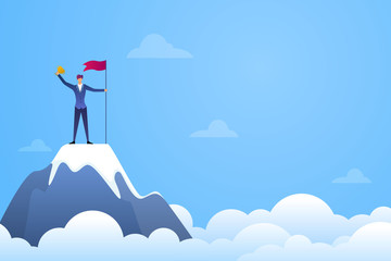 Successful businessman holding a flag and trophy on top of mountain vector. Symbol of success, achievement victory, top career and leadership flat illustration
