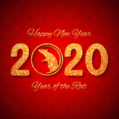 Happy New 2020 Year of the Rat text, Chinese zodiac symbol, vector illustration