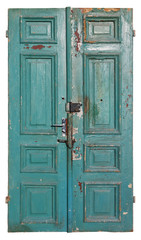 Handmade vintage wooden green door in retro rural style isolated