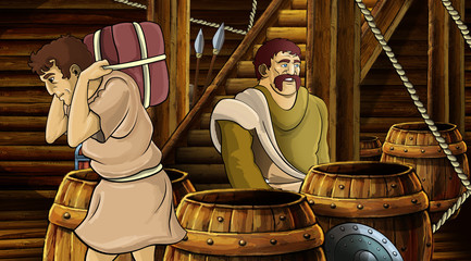 Fototapeta na wymiar cartoon scene with roman or greek ancient character inside wooden ship chamber illustration for children