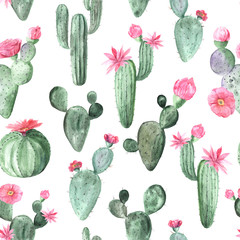 Seamless pattern wit watercolor flowering cactus