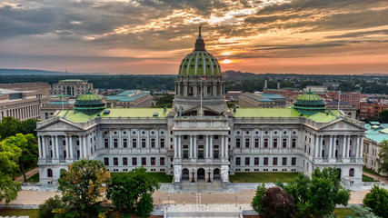 Capitol in Harrisburg, Pennsylvania in sunrise, aerial panoramic view
