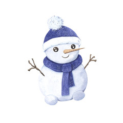 Watercolor hand painted cute winter snow man