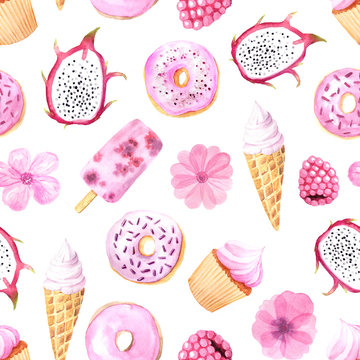 Seamless pattern with watercolor hand painted cakes