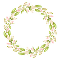 Wreath of pink and green lily flower buds on a white background. Hand-drawn collection of greeting cards. Vector illustration.