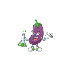 Smart eggplant cartoon character holding glass tube