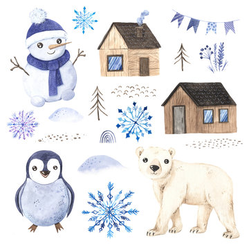 Watercolor hand painted winter cute animals