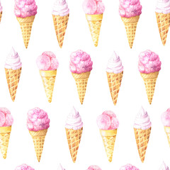 Seamless pattern with watercolor fruit ice cream cone