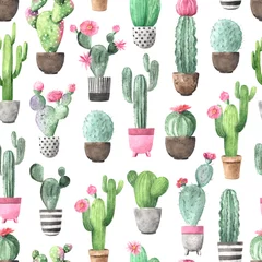 Fotobehang Planten in pot Naadloos patroon met aquarel bloeiende cactus