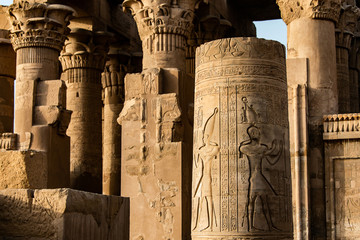 Ruins and Hieroglyphs in the famous Temple of Kom Ombo in Egypt on nile river bank