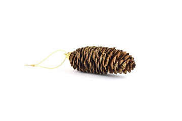 Fir cone with sparkles isolated on white background. Greeting card. New Year's holidays. Decoration