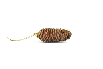 Fir cone with sparkles isolated on white background. Greeting card. New Year's holidays. Decoration
