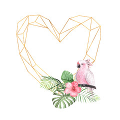 Watercolor tropic geometric frame with pink flower