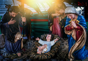 Traditional Christmas scenes and sacred light shining for use in illustration design Nativity...