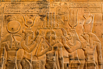 Ruins and Hieroglyphs in the famous Temple of Kom Ombo in Egypt on nile river bank