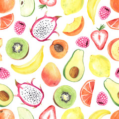 Seamless pattern with watercolor exotic summer fruits