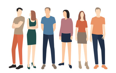 Obraz premium Silhouettes of men and women in summer clothes of different colors, cartoon character, a group of standing and walking business people, the design concept of flat icons isolated on a white background