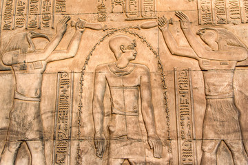 Ruins and Hieroglyphs in the famous Temple of Kom Ombo in Egypt on nile river bank