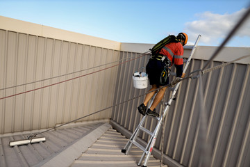 Rope access high risk worker painter carrying paint bucket wearing safety harness climbing up industry safety ladder which its lean against to the wall and access to the opening edge prior abseiling