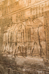 Ruins and Hieroglyphs in the famous Temple of Kom Ombo in Egypt on nile river bank