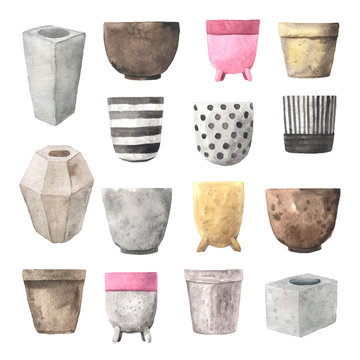 Set of watercolor decorative ceramic pots