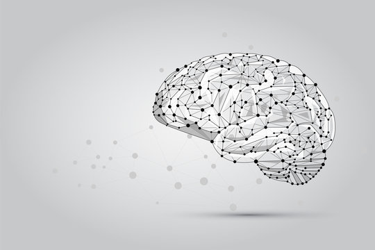 Abstract mash line and point human Brain. Low poly Neural network. IQ testing, artificial intelligence virtual emulation science technology concept. Brainstorm think idea vector illustration.