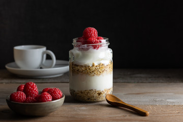breakfast yoghurt with muesli and raspberry