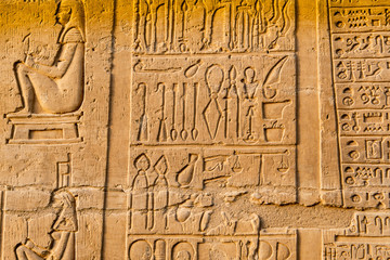 Ruins and Hieroglyphs in the famous Temple of Kom Ombo in Egypt on nile river bank