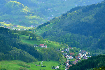 Fototapeta na wymiar Picturesque european landscape valley with villages and houses in the mountains Schwarzwald, Germany
