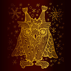 gold halftone owl with metal reflecting Christmas snowflakes on a brown gradient background, color vector pattern 