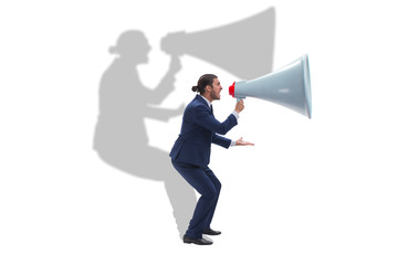Fototapeta premium Businessman shouting through large loudspeaker