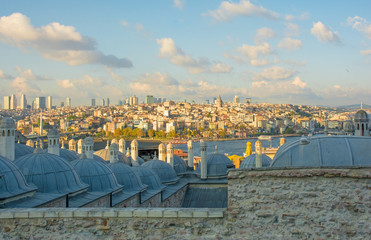 The view from the 16th century Suleymaniye mosque, the largest Ottoman mosque in Istanbul, Turkey, looking towards the Bosphorus and Beyoglu. Galata Tower can be seen in the background centre