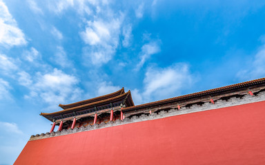 the meridian gate of the forbidden city in beijng china,  under blue sky and white clouds.