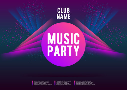 Horizontal music party poster with color graphic elements, dark background and text.  