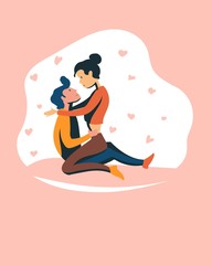 A loving couple is hugging, a girl is sitting on her lover’s lap. Valentine's Day. Flat vector illustration.