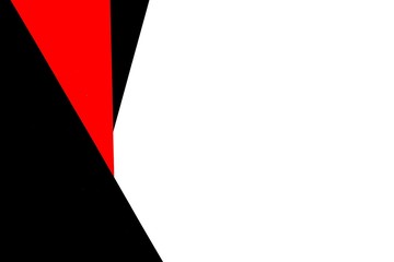 Simple red and black abstract geometric triangles on white background. Empty white copyspace and bright red black decor on one side.